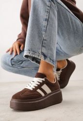 Brązowe Sneakersy Kultowe Tenisówki na Platformie z Koturnem Elisara. Brązowe trampki i tenisówki damskie Born2be, bez wzorów, z jeansu. Za 119.99 zł.