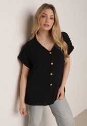 Czarna Bluzka z Bawełną o Nietoperzowym Kroju z Guzikami Mistwin. Czarne bluzki damskie Born2be, l, bez wzorów, z bawełny, klasyczne, bez kołnierzyka, bez ramiączek. Za 49.99 zł.