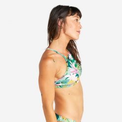 Góra kostiumu kąpielowego surfingowego damska Olaian Andrea Tropical. Zielone bikini damskie Decathlon, bez wzorów. Za 29.99 zł.