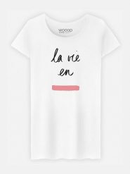 WOOOP Koszulka "La Vie en Rose" w kolorze białym rozmiar: XL. Białe bluzki damskie Wooop, xl, bez wzorów, z bawełny, bez kołnierzyka, bez ramiączek. Za 56.99 zł.
