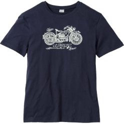 T-shirt z nadrukiem bonprix ciemnoniebieski. Niebieskie t-shirty męskie bonprix, l, bez wzorów, bez kołnierzyka. Za 29.99 zł.