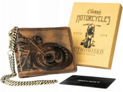 Portfel skórzany z łańcuchem tłoczony [DH] N992C-VIN-M brązowy. Brązowe portfele męskie inny, bez wzorów, z nubiku. Za 73.99 zł.