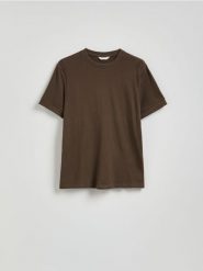 T-shirt regular z bawełny - ciemnobrązowy. Brązowe t-shirty męskie Reserved, l, bez wzorów, z bawełny, bez kołnierzyka. W wyprzedaży za 59.99 zł.