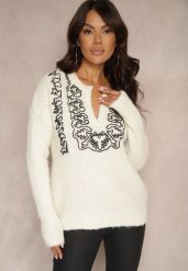 Jasnobeżowy Sweter z Dodatkiem Wełny i Ozdobnym Haftem Melorinnea. Brązowe swetry klasyczne damskie Renee, na jesień, m, z jeansu, bez kołnierzyka. Za 59.99 zł.