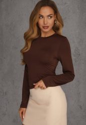 Brązowa Dopasowana Bluzka Typu Longsleeve z Bawełną Moanti. Brązowe bluzki damskie Renee, l, bez wzorów, z bawełny, wizytowe, bez kołnierzyka, bez ramiączek. Za 79.99 zł.