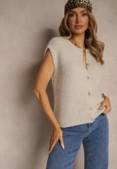 Beżowa Dzianinowa Kamizelka z Moherem z Zapięciem na Guziki Vorlina. Brązowe kamizelki damskie Renee, z dzianiny. Za 119.99 zł.