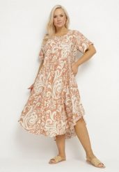 Beżowa Rozkloszowana Sukienka z Wiskozy z Geometrycznym Wzorem Emisova. Brązowe sukienki damskie Born2be, na co dzień, xl, bez wzorów, z wiskozy, eleganckie, bez kołnierzyka, bez ramiączek, midi, rozkloszowane. W wyprzedaży za 79.99 zł.