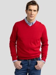 Sweter męski bawełniany z dekoltem v-neck czerwony Vassic 603. Czerwone swetry męskie Big Star, l, bez wzorów, z bawełny, bez kołnierzyka. W wyprzedaży za 99.99 zł.