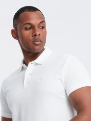 Jednokolorowa koszulka męska polo BASIC z dzianiny pique - biała V4 - Rozmiar: XXL. Białe koszulki polo męskie Ombre Clothing, m, z aplikacjami, z bawełny, bez ramiączek. W wyprzedaży za 79.99 zł.