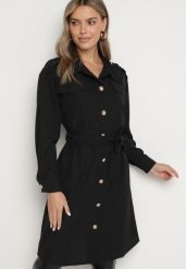 Czarna Koszulowa Sukienka z Ozdobnymi Guzikami i Wiązanym Paskiem Alttia. Czarne sukienki damskie Born2be, na co dzień, l, bez wzorów, eleganckie, bez kołnierzyka, bez ramiączek, midi, koszulowe. W wyprzedaży za 127.99 zł.