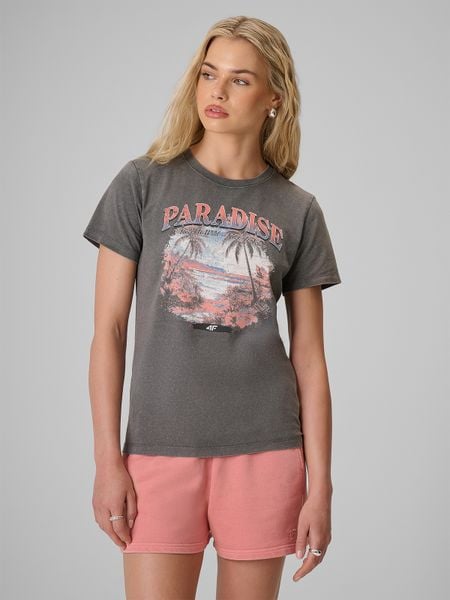 4F T-shirt regular z nadrukiem damski - szary XL. Szare t-shirty damskie 4f, xl, bez wzorów, z bawełny, bez kołnierzyka. Za 69.99 zł.