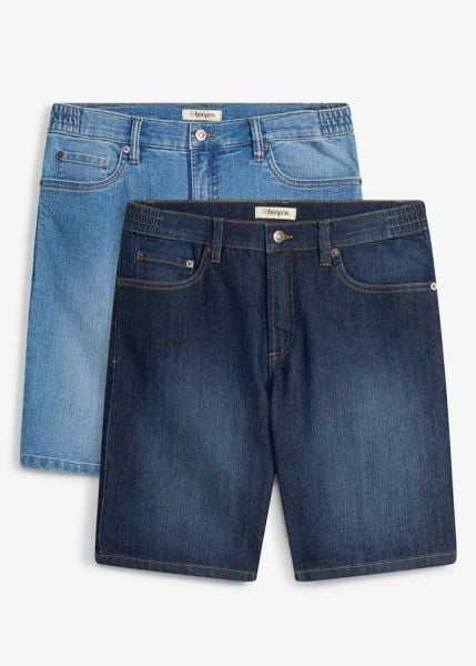 Lekkie bermudy jeansowe z elastyczną wstawką w talii, regular fit (2 pary). Niebieskie szorty męskie bonprix, bez wzorów, z jeansu, klasyczne. Za 179.99 zł.