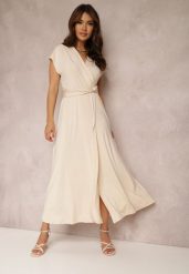 Jasnobeżowa Sukienka Kopertowa Appephone. Brązowe sukienki damskie Renee, l, bez wzorów, z tkaniny, glamour, bez kołnierzyka, bez ramiączek, maxi, dopasowane. Za 129.99 zł.
