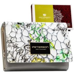 Zielony portfel damski ze skóry naturalnej z systemem RFID ozdobiony kwiatowym wzorem PTN PH30-LFL Peterson. Zielone portfele damskie Peterson, bez wzorów, ze skóry. Za 89.99 zł.
