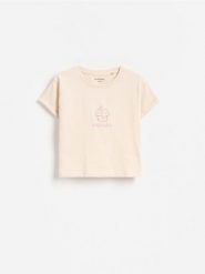 T-shirt z nadrukiem na plecach - beżowy. Brązowe koszulki dziewczęce Reserved, m, bez wzorów, z bawełny, bez ramiączek. Za 25.99 zł.