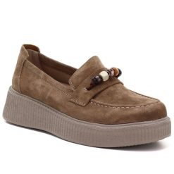 Skórzane półbuty damskie mokasyny na platformie z koralikami camel Vinceza 79649. Brązowe mokasyny damskie VINCEZA, ze skóry. Za 249.99 zł.
