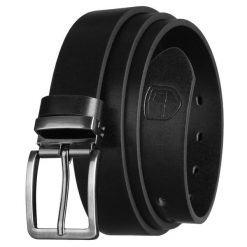 Elegancki pasek męski ze skóry ekologicznej w czarnym kolorze z tradycyjną klamrą - Peterson. Czarne paski męskie Peterson, bez wzorów, ze skóry ekologicznej, eleganckie. Za 45.00 zł.