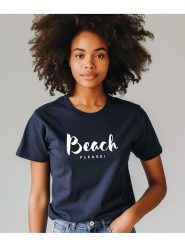 WOOOP Koszulka "Beach please" w kolorze granatowym rozmiar: XL. Niebieskie bluzki damskie Wooop, xl, bez wzorów, z bawełny, bez kołnierzyka, bez ramiączek. Za 56.99 zł.