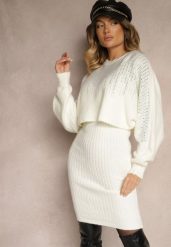 Biały Komplet z Wiskozy Sweter Ozdobiony Cyrkoniami i Prążkowana Spódnica Emelessa. Białe swetry klasyczne damskie Renee, prążkowane, bez kołnierzyka. Za 149.99 zł.