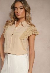 Beżowa Wiskozowa Koszula z Lnem i Ażurowymi Rękawami Feniraen. Brązowe koszule damskie Renee, l, w ażurowe wzory, z jeansu, eleganckie, bez kołnierzyka, bez ramiączek. Za 49.99 zł.