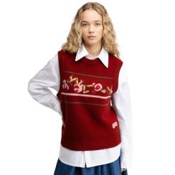 Damska wełniana kamizelka z dzianiny Siroko Briar-W Cherry. Czerwone kamizelki damskie SIROKO, l, z dzianiny. Za 168.00 zł.