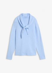 Gruby sweter ze stójką i ozdobnym szalikiem. Niebieskie swetry klasyczne damskie bonprix, prążkowane, bez kołnierzyka. Za 139.99 zł.