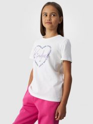 4F T-shirt z nadrukiem dziewczęcy - biały 128 (7-8 lat). Białe koszulki dziewczęce 4f, bez wzorów, z bawełny, bez ramiączek. W wyprzedaży za 19.99 zł.