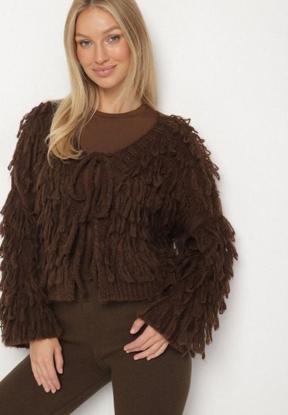 Brązowy Wiązany Kardigan z Dodatkiem Wełny i Wiskozy Zdobiony Frędzlami Tiravea. Brązowe kardigany damskie Born2be, z aplikacjami, z jeansu. Za 129.99 zł.