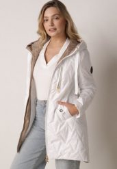 Biała Pikowana Kurtka Przejściowa Parka z Kapturem o Długim Kroju z Ozdobą Isaline. Białe kurtki damskie Born2be, l, z aplikacjami, z dresówki. Za 139.99 zł.
