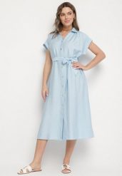 Niebieska Wiskozowa Sukienka Koszulowa z Paskiem Rinaruna. Niebieskie sukienki damskie Born2be, na co dzień, l, bez wzorów, z wiskozy, eleganckie, bez kołnierzyka, bez ramiączek, midi, koszulowe. W wyprzedaży za 95.99 zł.