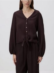 Muślinowa koszula z wiązaniem - ciemnobrązowy. Brązowe koszule damskie Reserved, l, bez wzorów, bez kołnierzyka, bez ramiączek. Za 89.99 zł.