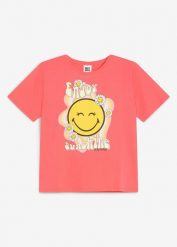 T-shirt z czystej bawełny, ze Smiley. Czerwone koszulki dziewczęce bonprix, bez wzorów, z bawełny, bez ramiączek. Za 64.99 zł.