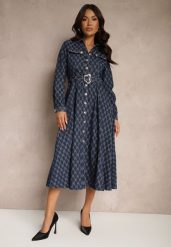 Granatowa Rozkloszowana Sukienka Koszulowa w Elegancki Wzór z Paskiem z Klamrą Salithora. Niebieskie sukienki damskie Renee, do pracy, m, bez wzorów, biznesowe, bez kołnierzyka, bez ramiączek, midi, koszulowe. Za 319.99 zł.