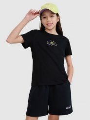 4F T-shirt regular z nadrukiem dziewczęcy - czarny 146 (10-11 lat). Czarne koszulki dziewczęce 4f, uniwersalny, bez wzorów, z bawełny, bez ramiączek. W wyprzedaży za 19.99 zł.