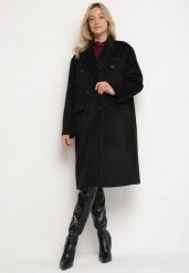 Czarny Płaszcz o Dwurzędowym Kroju z Kieszeniami Sileti. Czarne płaszcze damskie Born2be, l, bez wzorów, z jeansu, eleganckie. Za 149.99 zł.