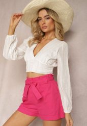Fuksjowe Szorty High Waist Wiązane w Pasie Gilalilena. Czerwone szorty damskie Renee, bez wzorów, z materiału, eleganckie, z podwyższonym stanem. Za 44.99 zł.