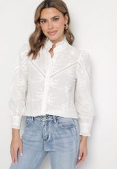 Biała Bawełniana Koszula w Rustykalnym Stylu z Kwiatowym Haftem i Stójką Lanolira. Białe koszule damskie Born2be, l, bez wzorów, z bawełny, eleganckie, bez kołnierzyka, bez ramiączek. Za 139.99 zł.