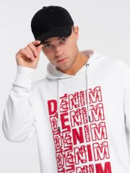 Nierozpinana męska bluza kangurka z kapturem i nadrukiem - biała V3 OM-SSPS-0158 - XXL. Białe bluzy z kapturem męskie Ombre Clothing, l, z bawełny. W wyprzedaży za 49.99 zł.