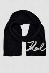 KARL LAGERFELD Czarny szalik damski Logo Signature z domieszką wełny. Czarne szaliki i kominy damskie Karl Lagerfeld, na zimę, bez wzorów, z wełny. W wyprzedaży za 370.99 zł.