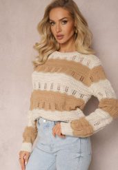 Beżowy Sweter Ozdobiony Ażurowymi Wycięciami i Połyskującą Nitką Casiena. Brązowe swetry klasyczne damskie Renee, z dzianiny, bez kołnierzyka. Za 84.99 zł.