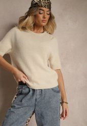 Beżowy Sweter o Fasonie T-shirtu z Wełną Dannirae. Brązowe swetry klasyczne damskie Renee, z jeansu, bez kołnierzyka. Za 129.99 zł.