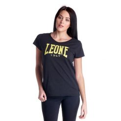 Koszulka na siłownia na co dzień. Czarne t-shirty damskie LEONE 1947 APPAREL, bez wzorów, z bawełny, bez kołnierzyka. W wyprzedaży za 65.57 zł.