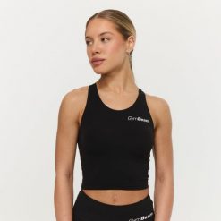 Top damski fitness krótki czarny BEAT. Czarne topy sportowe damskie GYMBEAM, s, bez wzorów, z elastanu, bez ramiączek. Za 85.90 zł.
