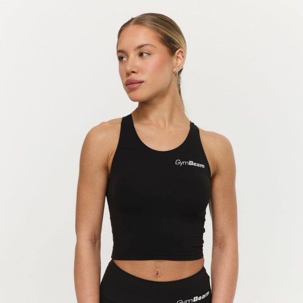 Top damski fitness krótki czarny BEAT. Czarne topy sportowe damskie GYMBEAM, s, bez wzorów, z elastanu, bez ramiączek. Za 85.90 zł.