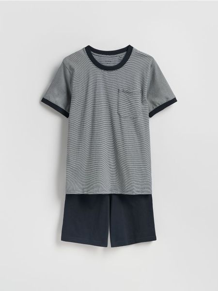 Dwuczęściowa piżama w paski - granatowy. Niebieskie piżamy męskie Reserved, l, bez wzorów, z bawełny, bez ramiączek. Za 89.99 zł.