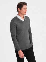 Sweter męski z dekoltem "w serek" z koszulowym kołnierzykiem - grafitowy V3 OM-SWSW-0102 - XXL. Szare swetry męskie Ombre Clothing, l, bez wzorów, z bawełny, bez kołnierzyka. W wyprzedaży za 69.99 zł.