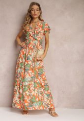 Pomarańczowa Sukienka z Wiskozy Maxi w Kwiaty Mahiza. Brązowe sukienki damskie Renee, l, bez wzorów, z tkaniny, bez kołnierzyka, bez ramiączek, maxi, kopertowe. W wyprzedaży za 62.99 zł.
