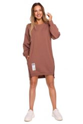 Przedłużona Bluza z Ozdobnymi Suwakami - Czekoladowa. Brązowe bluzy bez kaptura damskie MOE, l, z bawełny. Za 308.90 zł.