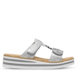 Klapki Rieker. Szare klapki damskie Rieker, bez wzorów, bez obcasa. Za 309.99 zł.