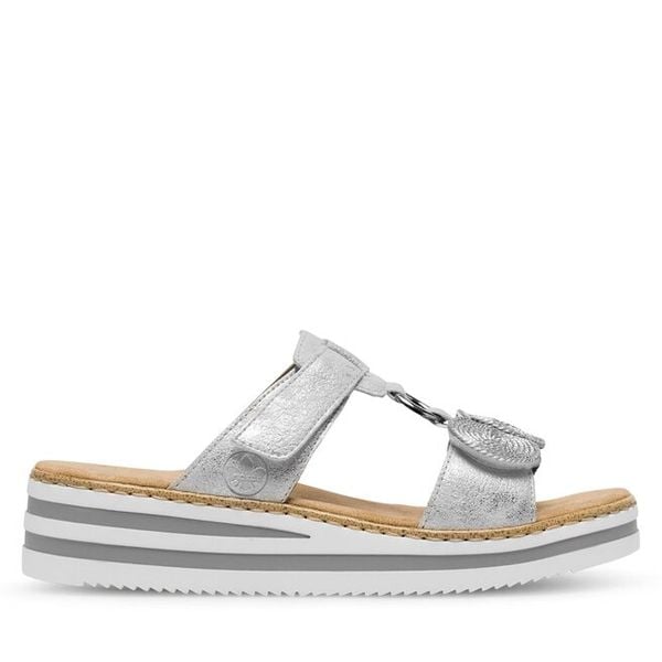 Klapki Rieker. Szare klapki damskie Rieker, bez wzorów, bez obcasa. Za 309.99 zł.